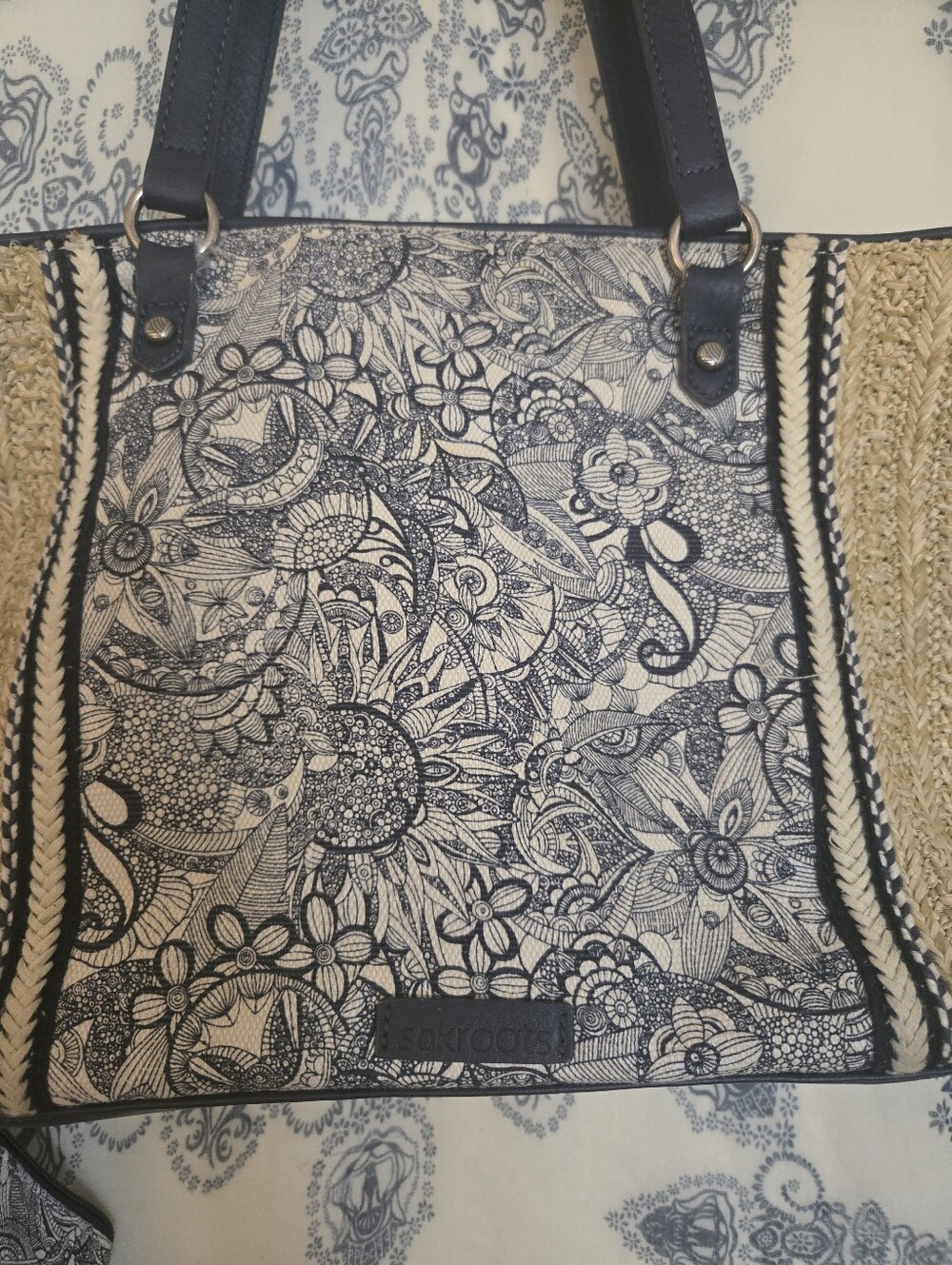 Sakroots Navy Floral Woven Straw Raffia Tote Bag w/ Matching Wristlet Boho Purse - Picture 4 of 15